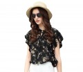 Women's print chiffon Shirt Blouse Tops-Loose Pullover Lotus leaf short sleeves#407