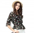 Women's print chiffon Shirt Blouse Tops-Loose Pullover Trumpet sleeves#400