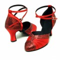 Red hexagon pattern folding satin women performance ballroom modern dance shoes
