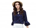   Women's dot print chiffon Shirt Blouse Tops-Loose Pullover Trumpet sleeves#396
